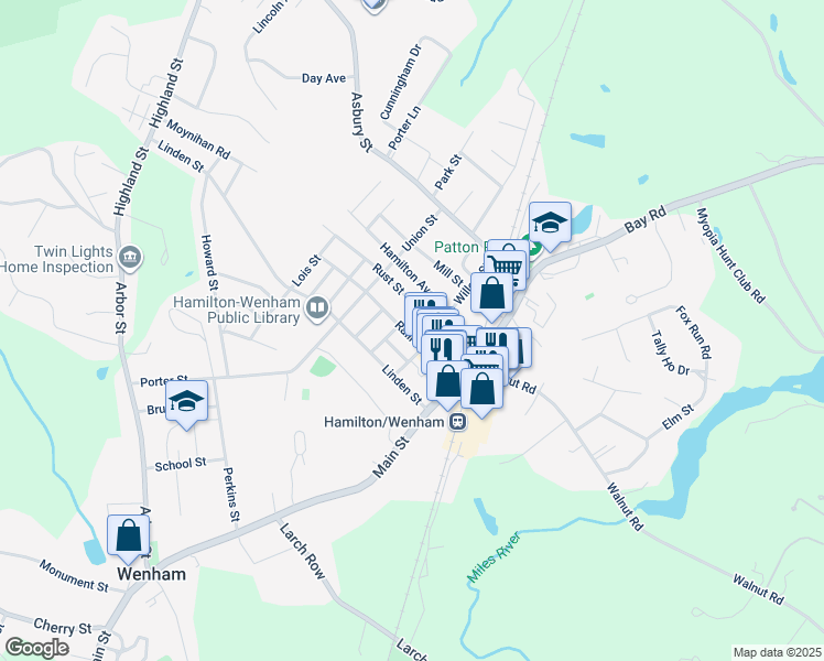 map of restaurants, bars, coffee shops, grocery stores, and more near 113 Railroad Avenue in Hamilton