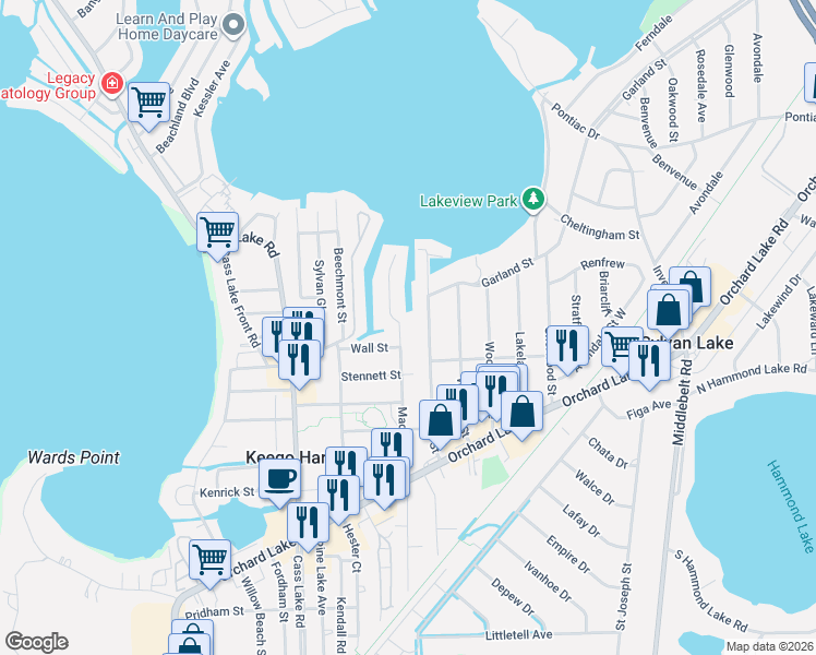 map of restaurants, bars, coffee shops, grocery stores, and more near 1866 Maddy Lane in Keego Harbor