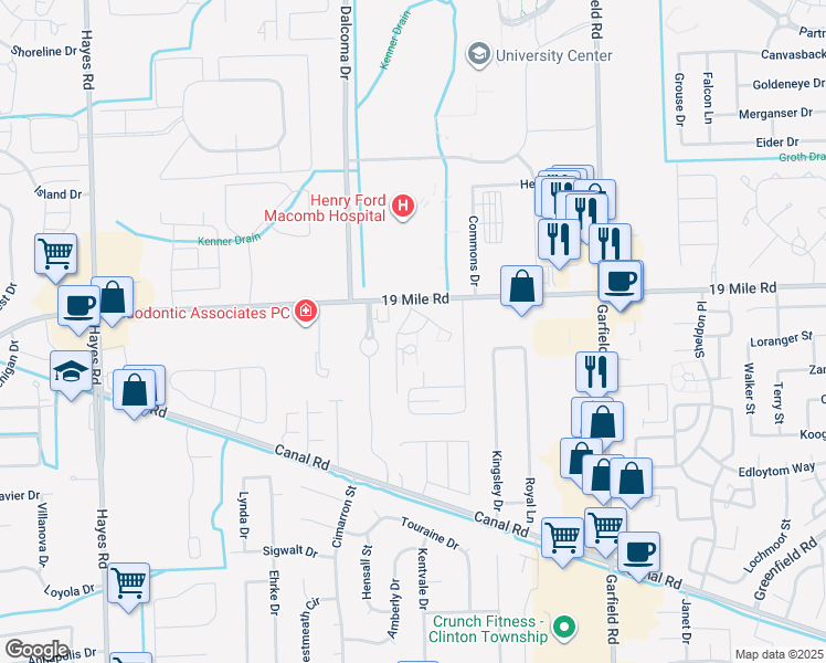 map of restaurants, bars, coffee shops, grocery stores, and more near 16230 19 Mile Road in Macomb County