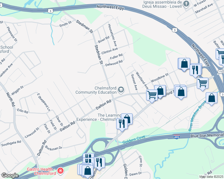 map of restaurants, bars, coffee shops, grocery stores, and more near 45 Stedman Street in Chelmsford