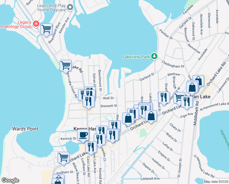 map of restaurants, bars, coffee shops, grocery stores, and more near 1866 Maddy Lane in Keego Harbor