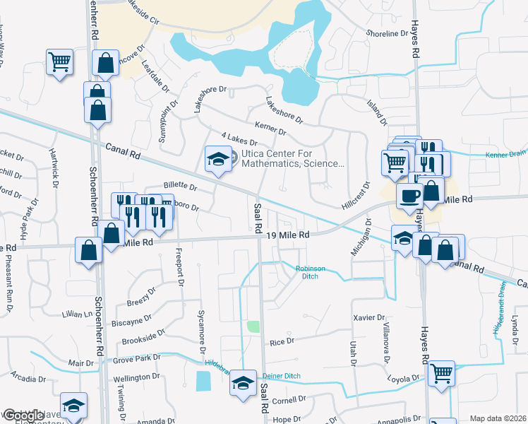 map of restaurants, bars, coffee shops, grocery stores, and more near 14309 Vauxhall Drive in Sterling Heights