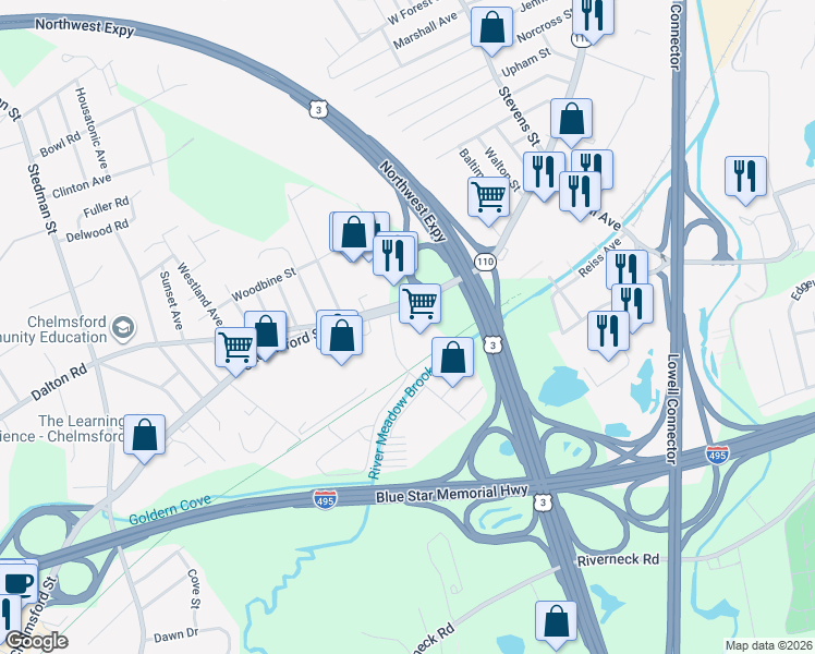 map of restaurants, bars, coffee shops, grocery stores, and more near 299 Chelmsford Street in Chelmsford