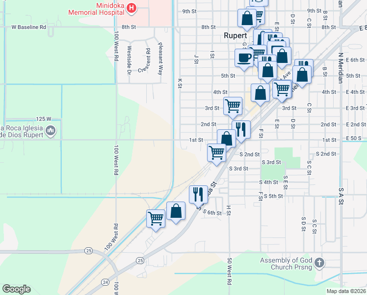 map of restaurants, bars, coffee shops, grocery stores, and more near 1021 1st Street in Rupert