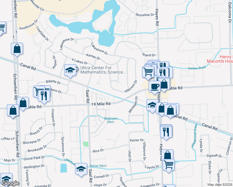 map of restaurants, bars, coffee shops, grocery stores, and more near 43038 Hillcrest Drive in Sterling Heights