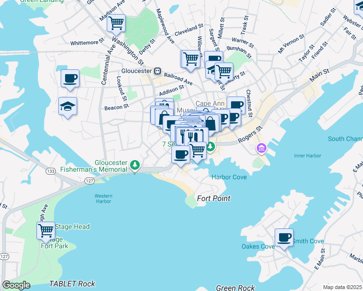map of restaurants, bars, coffee shops, grocery stores, and more near 17 Washington Street in Gloucester