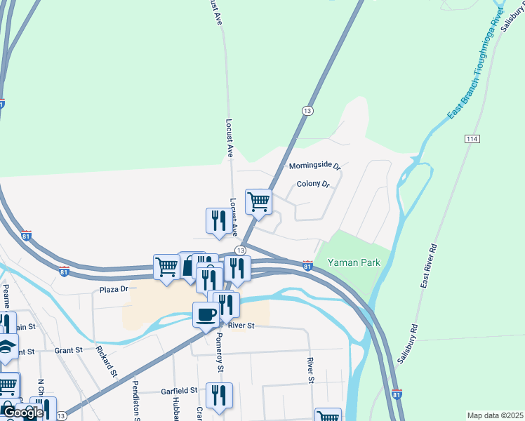 map of restaurants, bars, coffee shops, grocery stores, and more near 199 Clinton Avenue in Cortland
