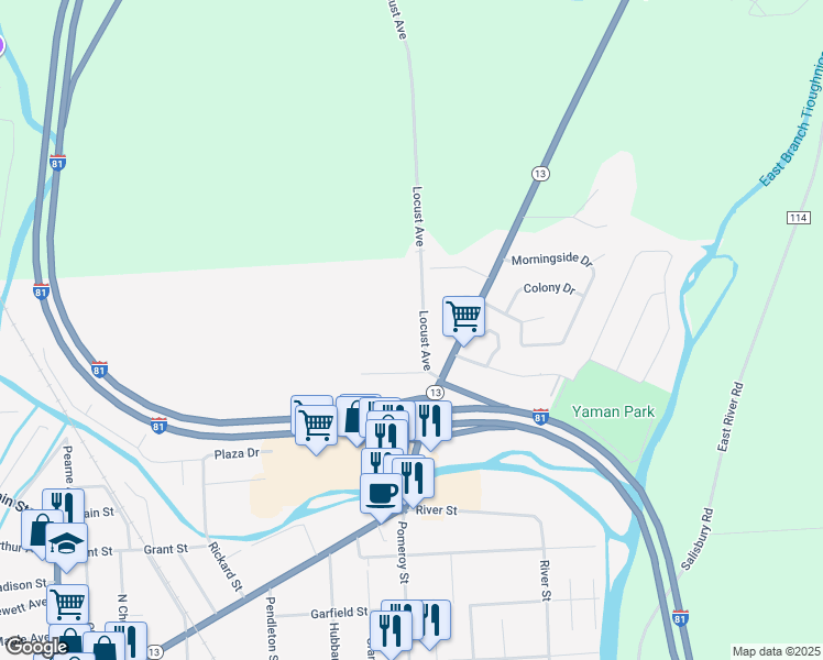 map of restaurants, bars, coffee shops, grocery stores, and more near 4.5 Locust Avenue in Cortland