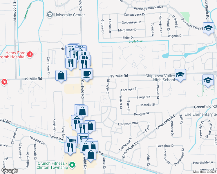 map of restaurants, bars, coffee shops, grocery stores, and more near 42712 Elizabeth Circle in Clinton Township