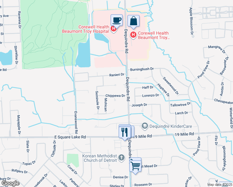 map of restaurants, bars, coffee shops, grocery stores, and more near 2915 Chippewa Dr in Troy