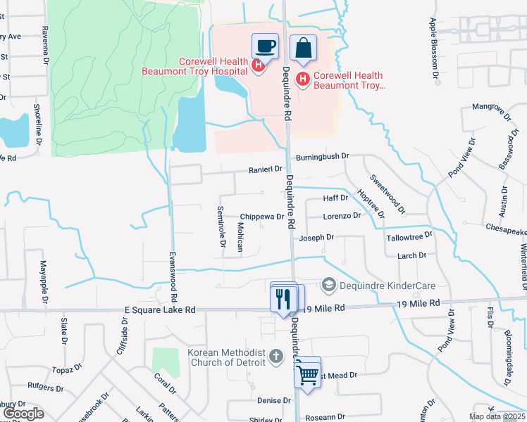 map of restaurants, bars, coffee shops, grocery stores, and more near 2915 Chippewa Drive in Troy