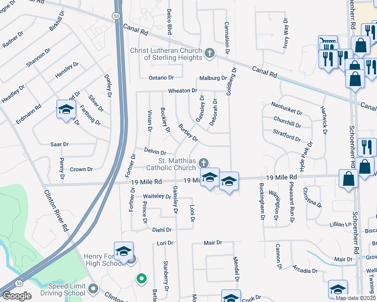 map of restaurants, bars, coffee shops, grocery stores, and more near 43232 Gainsley Drive in Sterling Heights