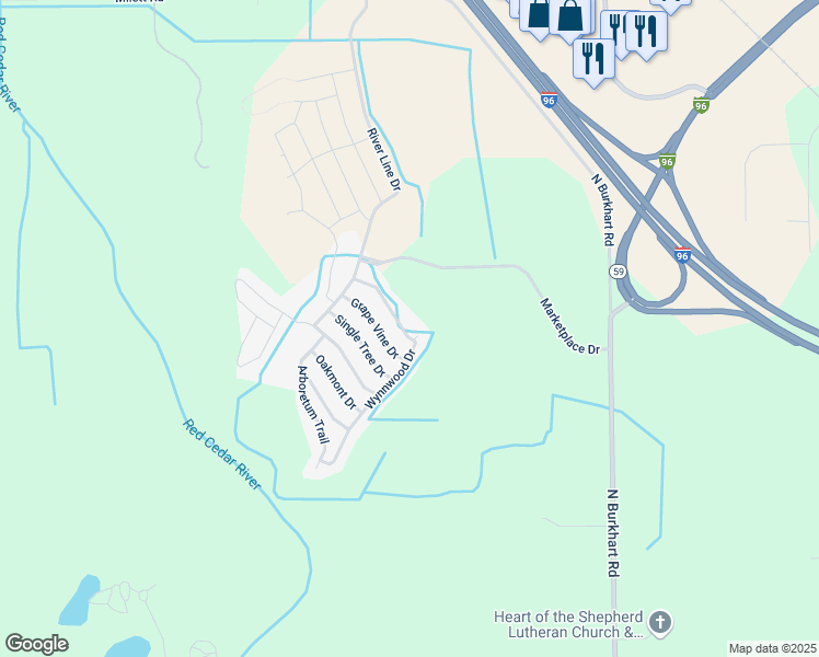 map of restaurants, bars, coffee shops, grocery stores, and more near 4472 Wynnwood Drive in Howell