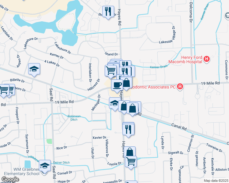 map of restaurants, bars, coffee shops, grocery stores, and more near 15100 19 Mile Road in Sterling Heights