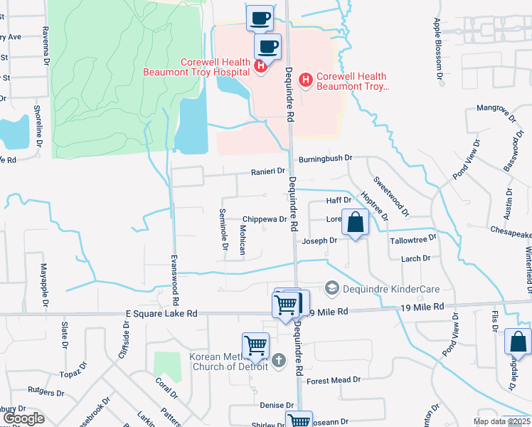 map of restaurants, bars, coffee shops, grocery stores, and more near 2915 Chippewa Drive in Troy