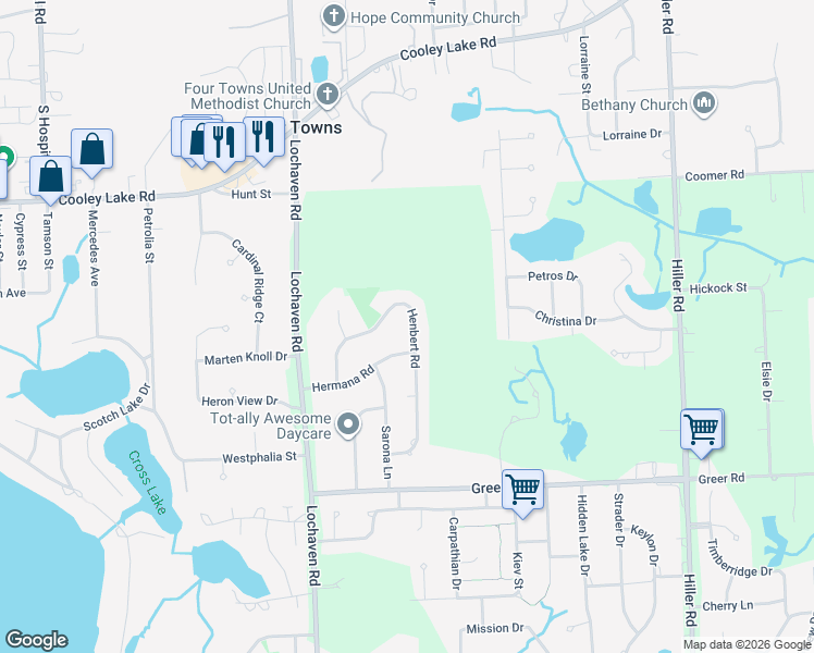map of restaurants, bars, coffee shops, grocery stores, and more near 1770 Henbert Road in West Bloomfield Township