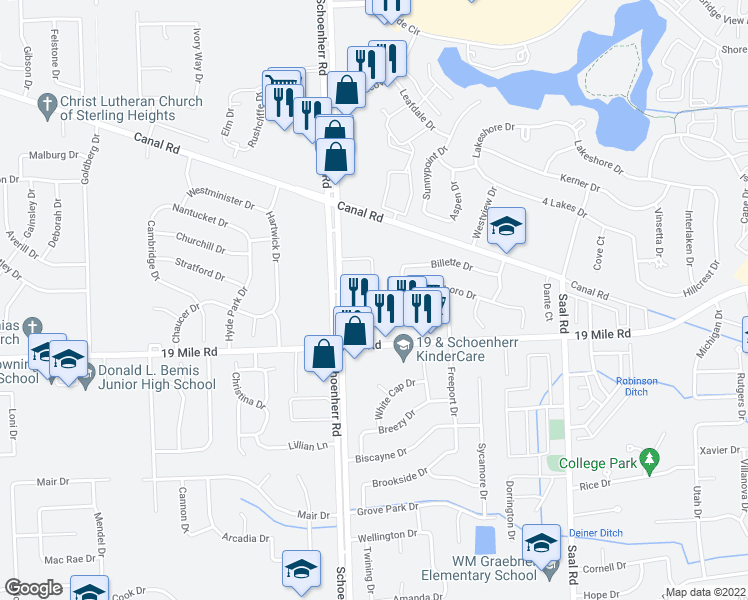 map of restaurants, bars, coffee shops, grocery stores, and more near 43174 Pendleton Circle in Sterling Heights