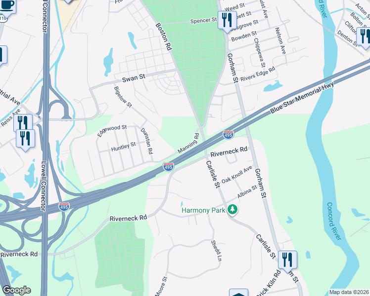map of restaurants, bars, coffee shops, grocery stores, and more near 7 Manning Road in Chelmsford
