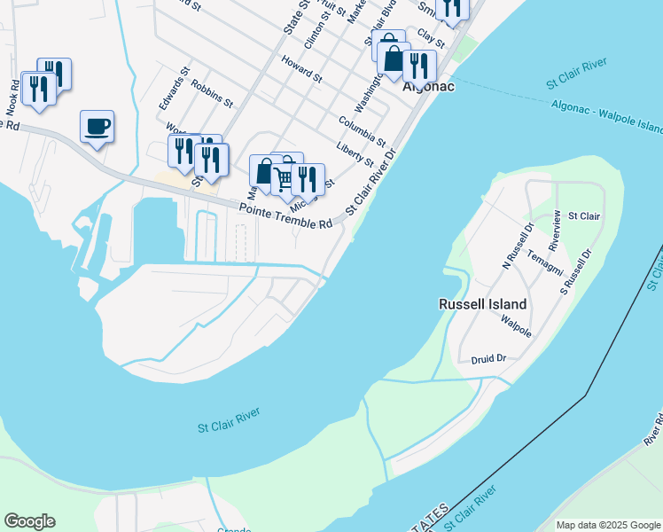 map of restaurants, bars, coffee shops, grocery stores, and more near 120 Saint Clair River Drive in Algonac