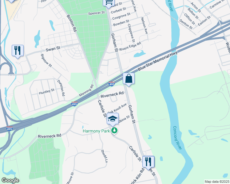 map of restaurants, bars, coffee shops, grocery stores, and more near 11 Riverneck Road in Chelmsford