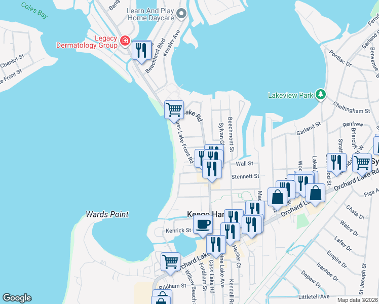 map of restaurants, bars, coffee shops, grocery stores, and more near 1862 Cass Lake Front Road in Keego Harbor