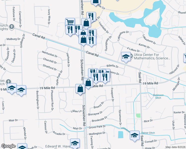 map of restaurants, bars, coffee shops, grocery stores, and more near 43252 Pendleton Circle in Sterling Heights