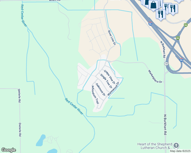 map of restaurants, bars, coffee shops, grocery stores, and more near 994 River Line Drive in Fowlerville