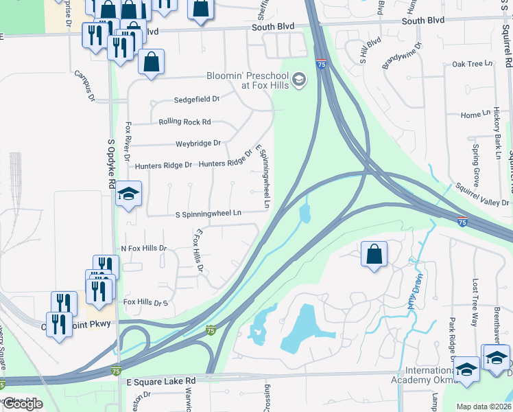 map of restaurants, bars, coffee shops, grocery stores, and more near 663 South Spinningwheel Lane in Bloomfield Hills