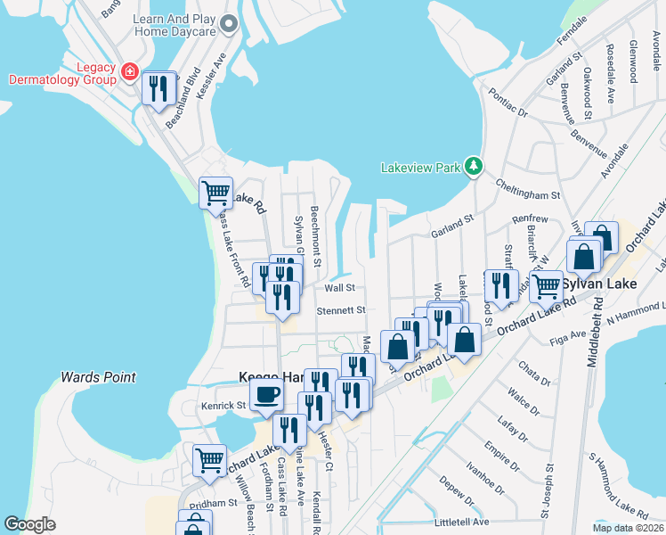 map of restaurants, bars, coffee shops, grocery stores, and more near 1885 Rustic Lane in Keego Harbor