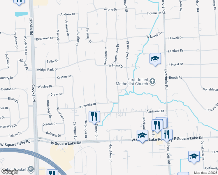map of restaurants, bars, coffee shops, grocery stores, and more near 6406 Houghten Drive in Troy
