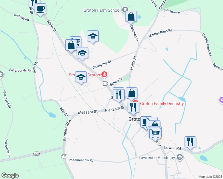 map of restaurants, bars, coffee shops, grocery stores, and more near 264 Main Street in Groton