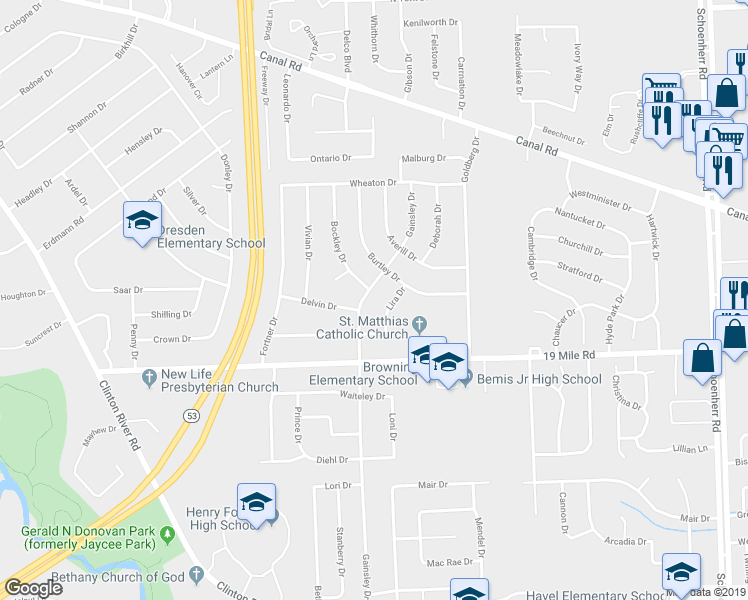 map of restaurants, bars, coffee shops, grocery stores, and more near 43232 Gainsley Drive in Sterling Heights
