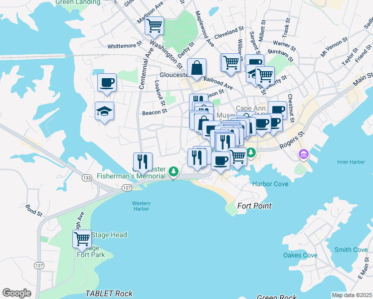 map of restaurants, bars, coffee shops, grocery stores, and more near 21 Riggs Street in Gloucester