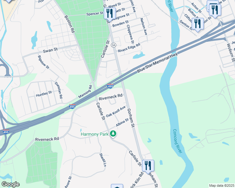 map of restaurants, bars, coffee shops, grocery stores, and more near 11 Riverneck Road in Chelmsford