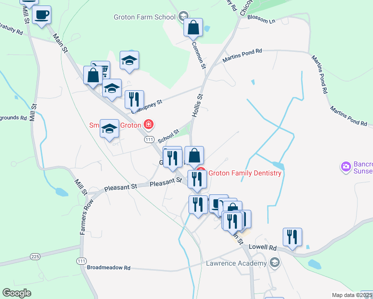 map of restaurants, bars, coffee shops, grocery stores, and more near 32-44 Hollis Street in Groton