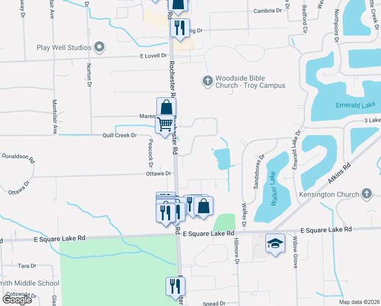 map of restaurants, bars, coffee shops, grocery stores, and more near 1950 East Wattles Road in Troy