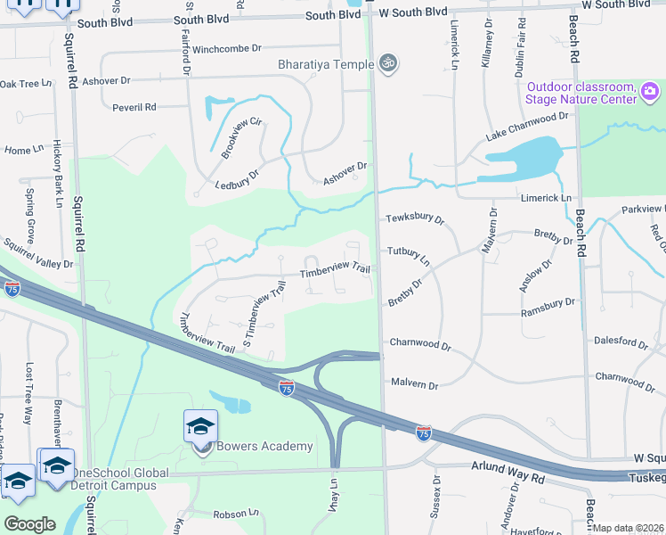 map of restaurants, bars, coffee shops, grocery stores, and more near 1406 Timberview Trail in Bloomfield Hills