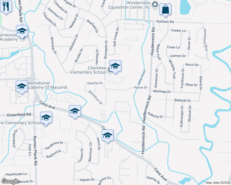 map of restaurants, bars, coffee shops, grocery stores, and more near 20227 Huron Drive in Macomb County
