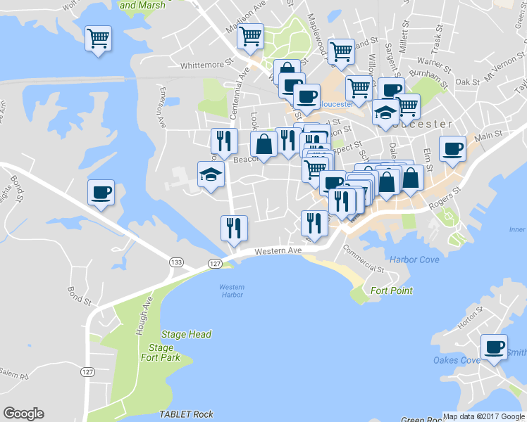 map of restaurants, bars, coffee shops, grocery stores, and more near 6 Babson Street in Gloucester