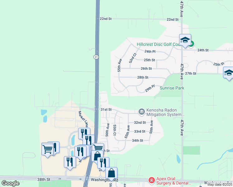 map of restaurants, bars, coffee shops, grocery stores, and more near 2828 55th Avenue in Kenosha