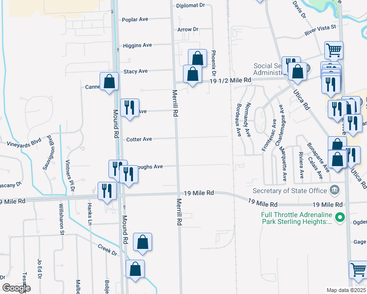 map of restaurants, bars, coffee shops, grocery stores, and more near 43282 Merrill Road in Sterling Heights