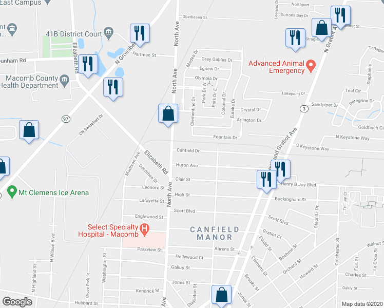 map of restaurants, bars, coffee shops, grocery stores, and more near 133 Canfield Drive in Mount Clemens