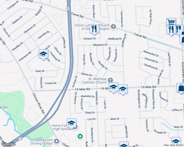 map of restaurants, bars, coffee shops, grocery stores, and more near 11917 Delvin Drive in Sterling Heights