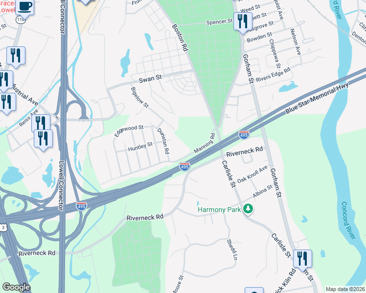 map of restaurants, bars, coffee shops, grocery stores, and more near 7 Manning Road in Chelmsford