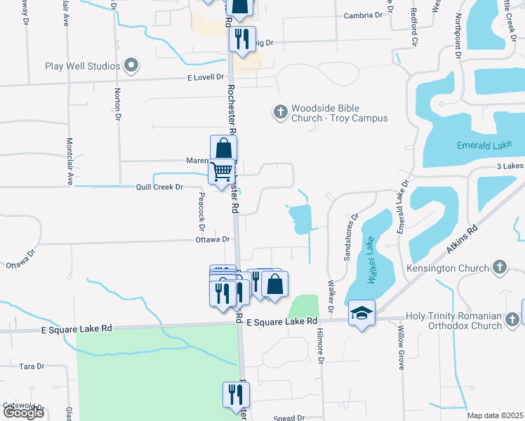 map of restaurants, bars, coffee shops, grocery stores, and more near 1070 Villa Park Drive in Troy