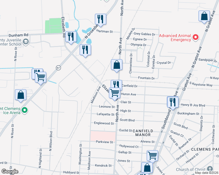 map of restaurants, bars, coffee shops, grocery stores, and more near 200 Elizabeth Street in Mount Clemens