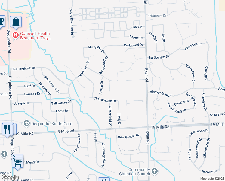 map of restaurants, bars, coffee shops, grocery stores, and more near 43634 Buckthorn Court in Sterling Heights