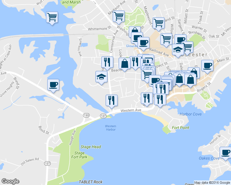map of restaurants, bars, coffee shops, grocery stores, and more near 5 Lloyd St in Gloucester