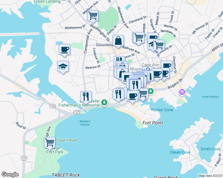 map of restaurants, bars, coffee shops, grocery stores, and more near 21 Riggs Street in Gloucester