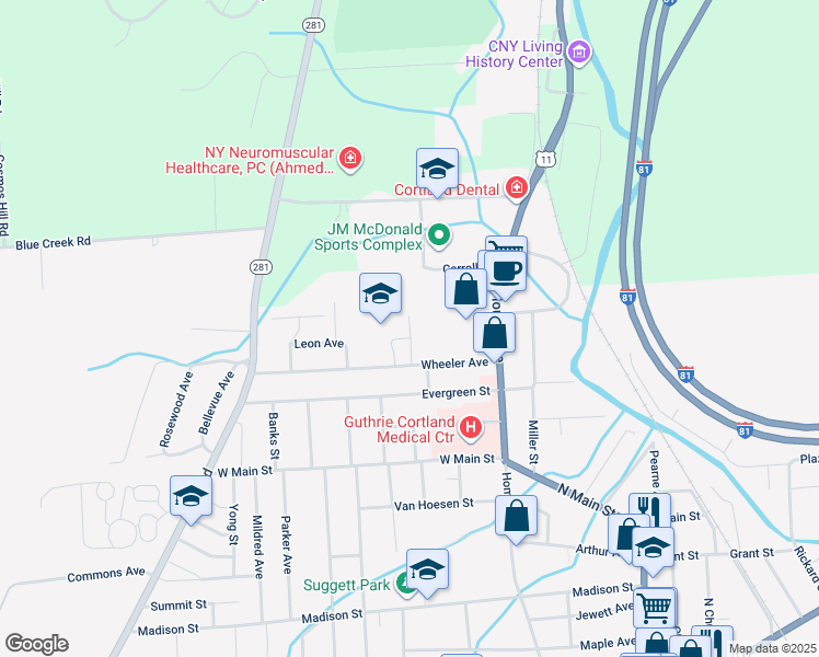 map of restaurants, bars, coffee shops, grocery stores, and more near 33 Wheeler Avenue in Cortland